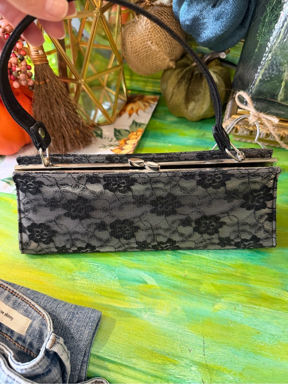 Lace-Overlay Black Evening Clutch - Classic Women's Bag